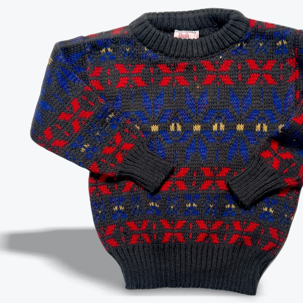 Vintage Hush Puppies Sweater Boys 3T 80s Fair Isle Knit Geometric Gray Red Blue